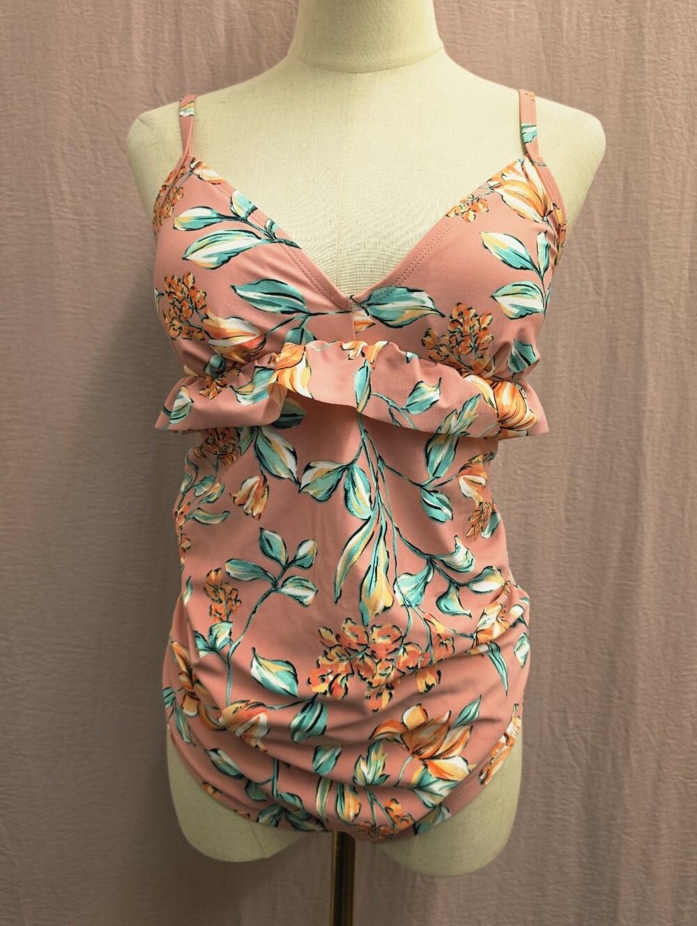 Isabel Maternity V-Neck Ruffle Trim Floral One Piece Swimsuit- Peach, Small NWOT